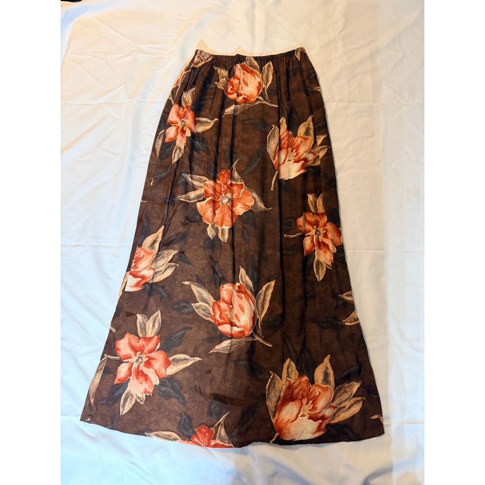 Clio Vintage Floral Maxi Skirt Brown Orange Rayon Blend Elastic Waist USA 685224
